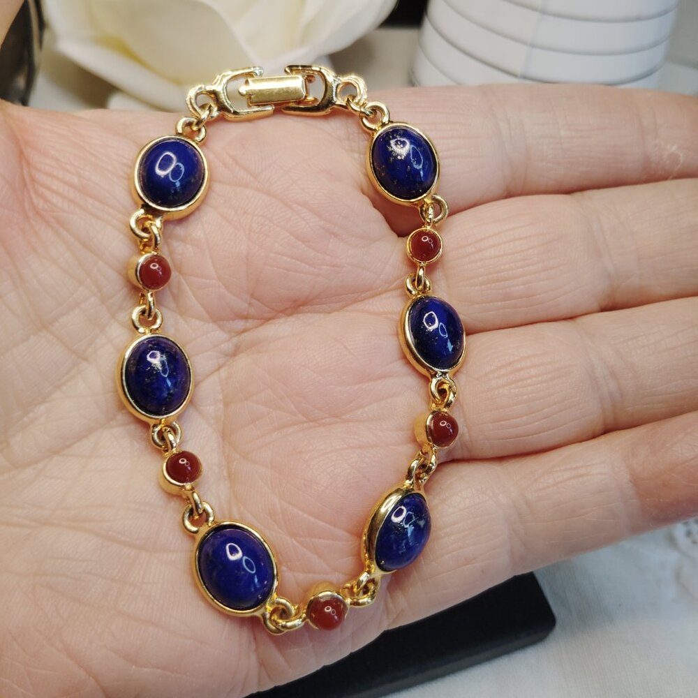 Gold‑Tone Lapis Lazuli & Carnelian Cabochon Link Bracelet, 7.5", Fold‑Over Clasp